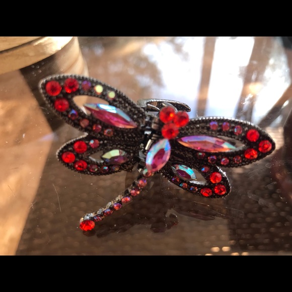 Vintage SNK Stamped Large Swarovski Crystal Dragonfly Claw Clip Hair Jewelry - Picture 14 of 14
